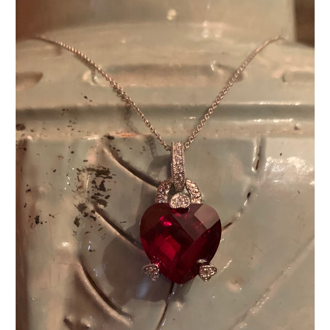 Esposito Sterling Silver Diamonique Red Heart Necklace